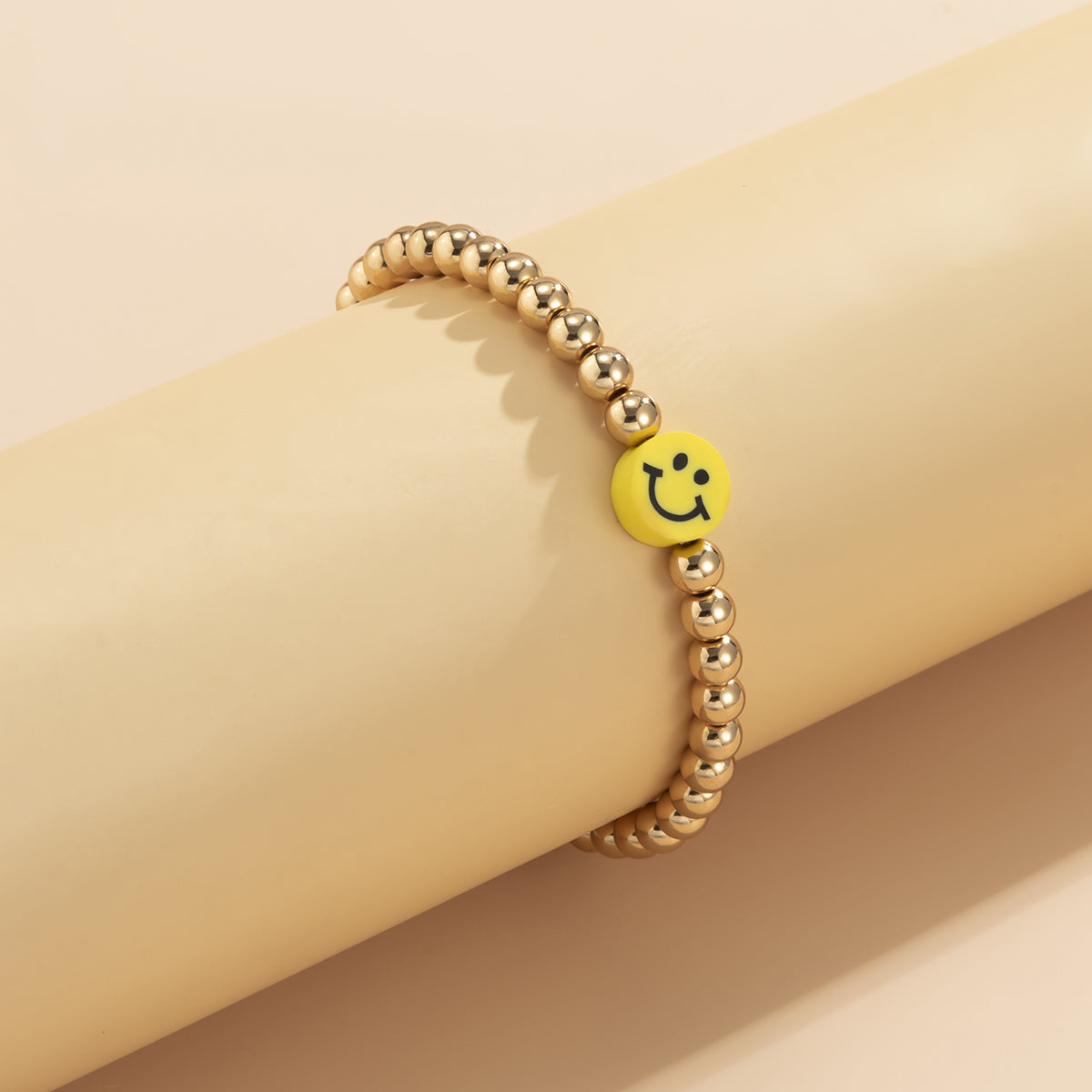 Acrylic and 18K Gold-Plated Smiley Charm Stretch Bracelet, gold bracelet for women, vintage-inspired design, styled look