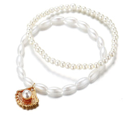 Pearl & 18K Gold-Plated Shell Charm Stretch Anklet Set