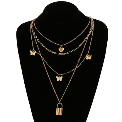 18K Gold-Plated Heart Butterfly Lock Layered Pendant Necklace