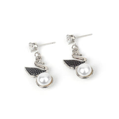 Cubic Zirconia & Pearl Silver-Plated Swan Drop Earring