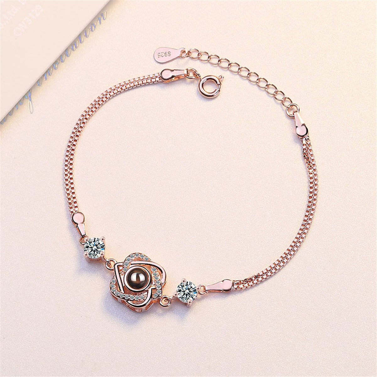 Cubic Zirconia and 18K Rose Gold-Plated Cross Heart Charm Bracelet, rose gold bracelet for women, front view