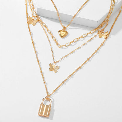 18K Gold-Plated Heart Butterfly Lock Layered Pendant Necklace, gold pendant necklace for women, lifestyle look