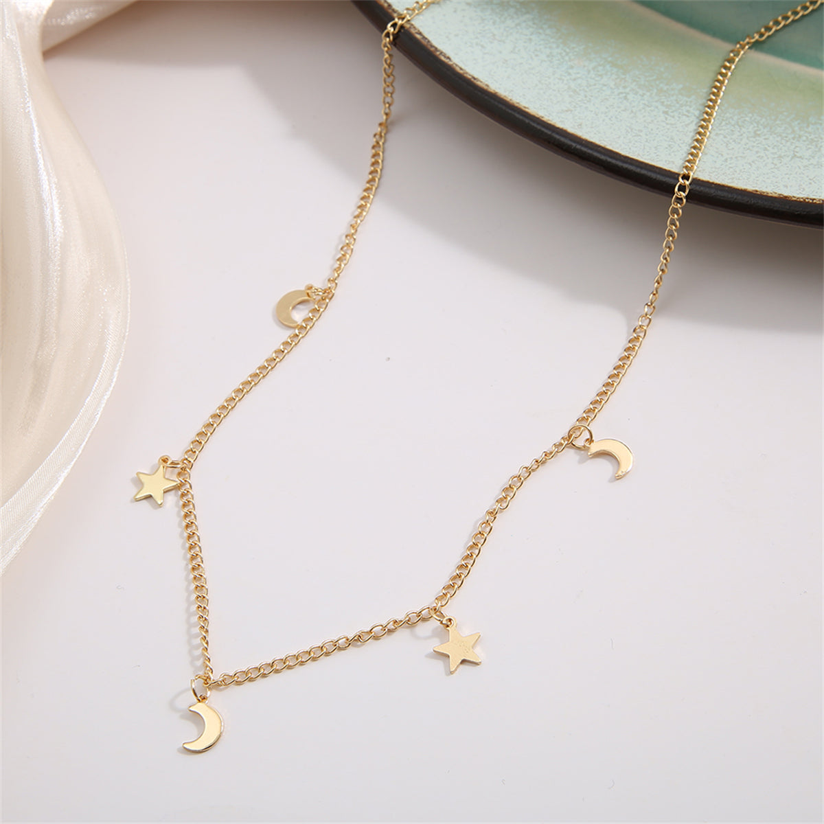 18K Gold-Plated Celestial Necklace, gold pendant necklace for women, dainty minimalist design, detail close-up