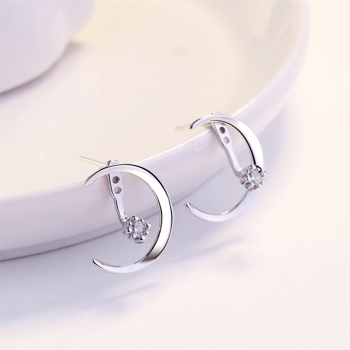 Cubic Zirconia & Silver-Plated Half Moon Drop Earrings
