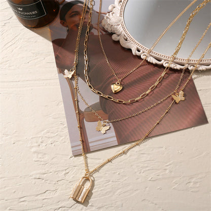 18K Gold-Plated Heart Butterfly Lock Layered Pendant Necklace, gold pendant necklace for women, everyday style, styled look