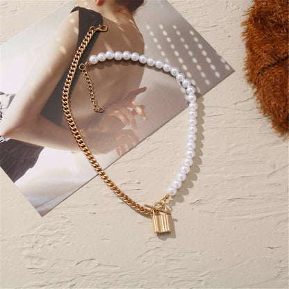 Pearl and 18K Gold-Plated Lock Pendant Necklace, gold pendant necklace for women, dainty minimalist design, lifestyle look