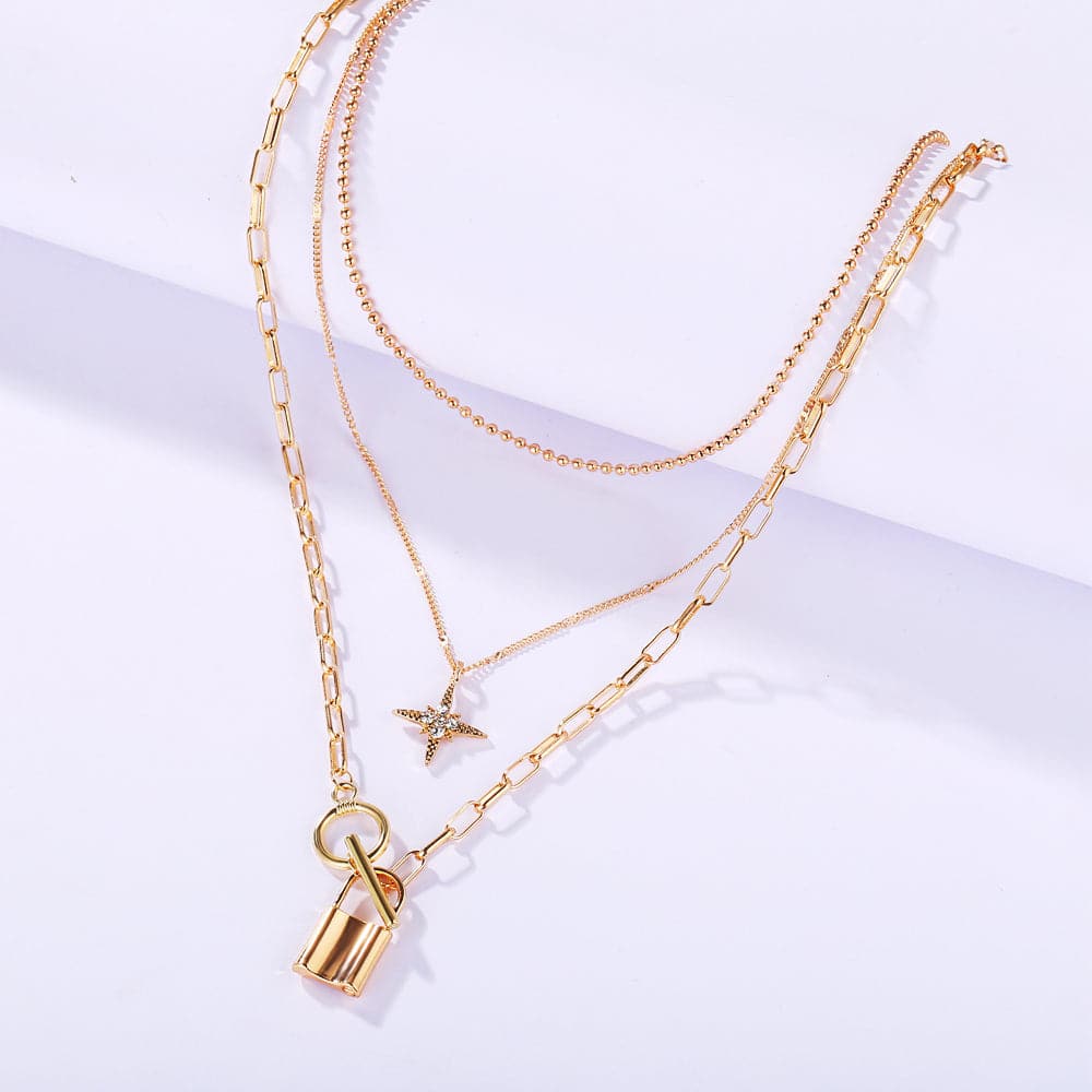 Cubic Zirconia and 18K Gold-Plated Star Lock Layered Pendant Necklace, gold pendant necklace for women, styled look