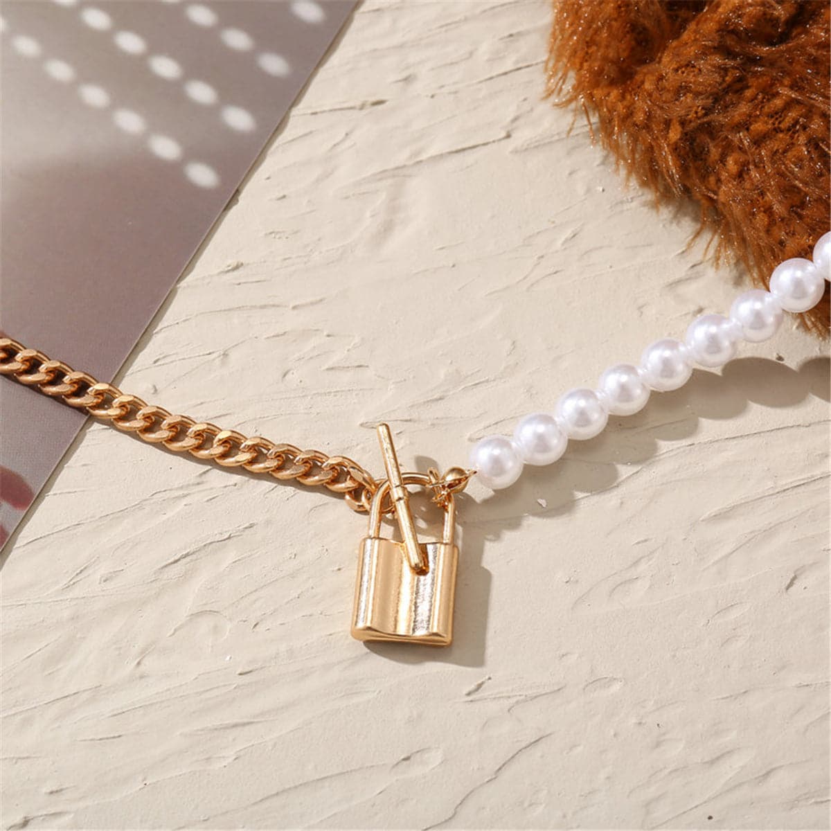 Pearl and 18K Gold-Plated Lock Pendant Necklace, gold pendant necklace for women, dainty minimalist design, styled look