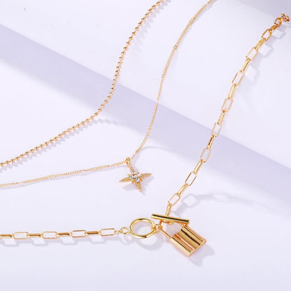 Cubic Zirconia & 18K Gold-Plated Star Lock Layered Pendant Necklace