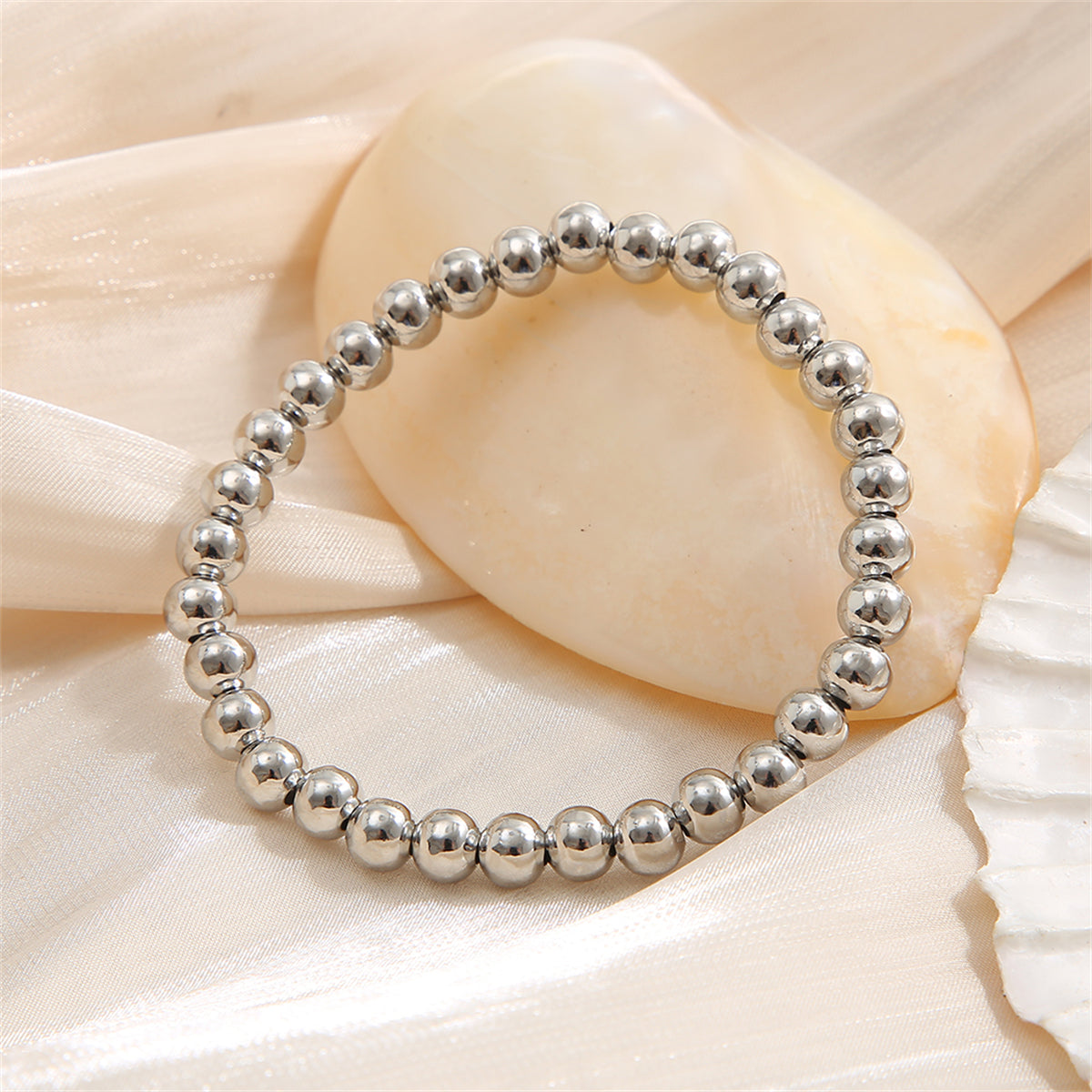 Silver-Plated Beaded Stretch Bracelet, silver bracelet for women, dainty minimalist design, styled look