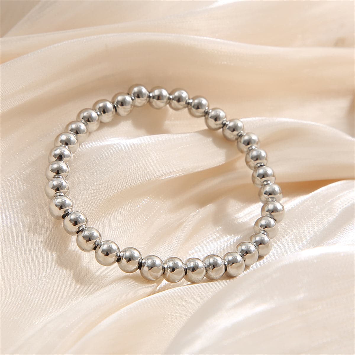 Silver-Plated Beaded Stretch Bracelet, silver bracelet for women, dainty minimalist design, side view