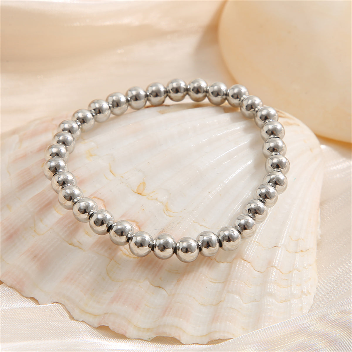 Silver-Plated Beaded Stretch Bracelet, silver bracelet for women, dainty minimalist design, detail close-up
