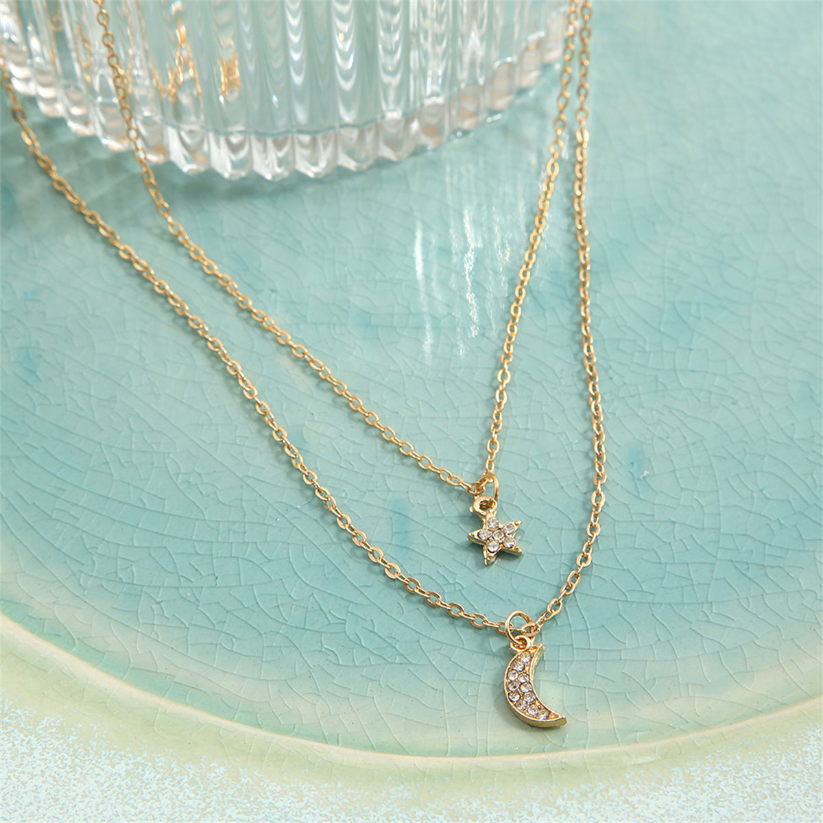 Cubic Zirconia and 18K Gold-Plated Star Moon Layered Necklace, gold pendant necklace for women, side view