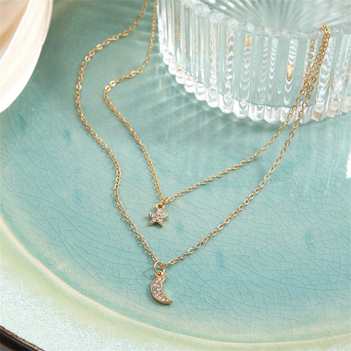 Cubic Zirconia and 18K Gold-Plated Star Moon Layered Necklace, gold pendant necklace for women, detail close-up