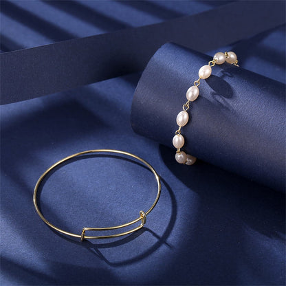 Pearl and 18K Gold-Plated Adjustable Bangle Set, jewelry gift sets for women, dainty minimalist design, side view