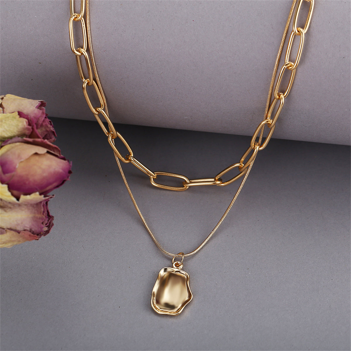18K Gold-Plated Cable Chain Layered Pendant Necklace, gold pendant necklace for women, dainty minimalist design, side view