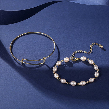 Pearl and 18K Gold-Plated Adjustable Bangle Set, jewelry gift sets for women, dainty minimalist design, detail close-up