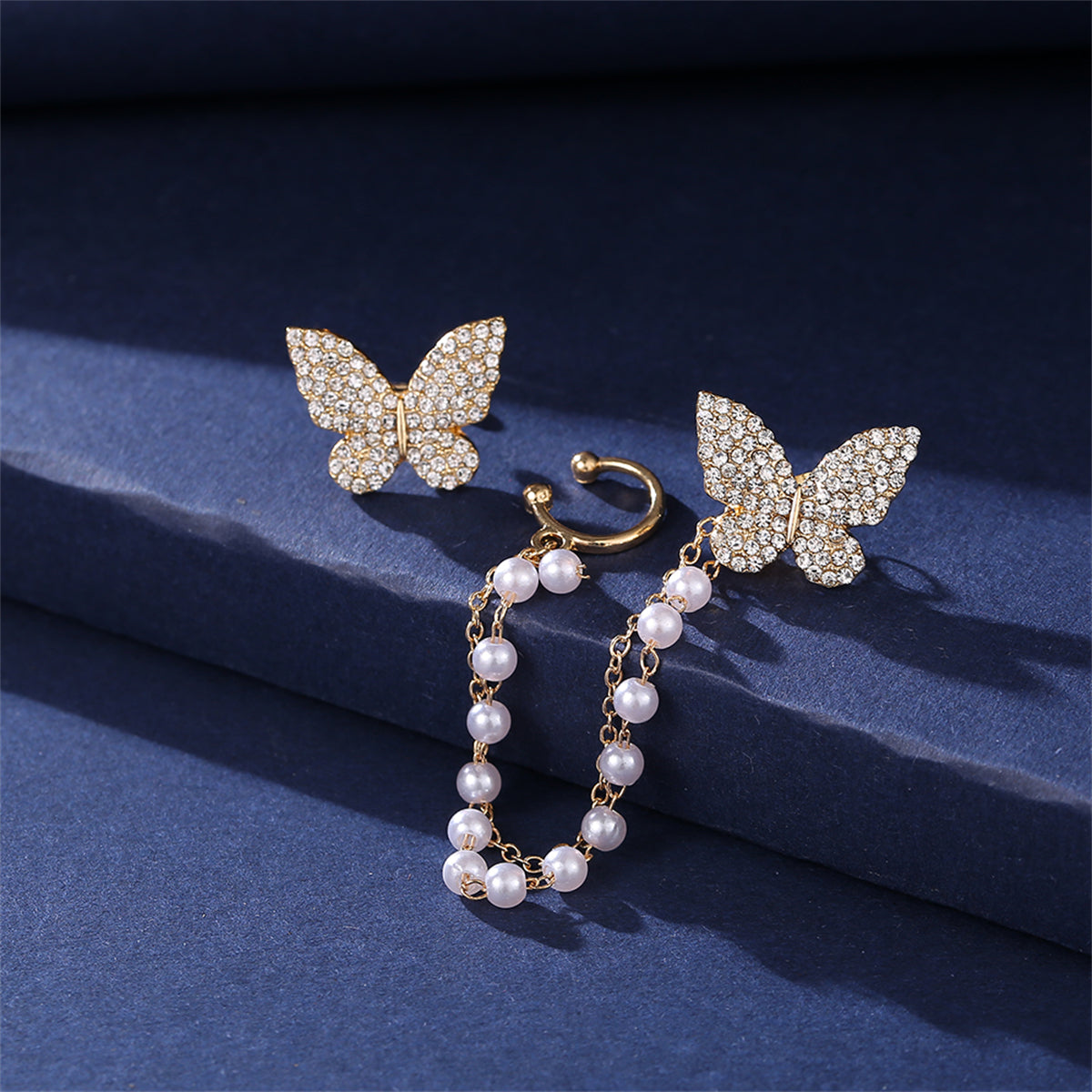 Cubic Zirconia and Pearl 18K Gold-Plated Butterfly Stud Earrings, gold stud earrings for women, botanical inspired, side view