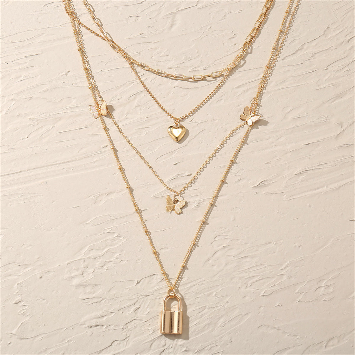 18K Gold-Plated Heart Butterfly Lock Layered Pendant Necklace