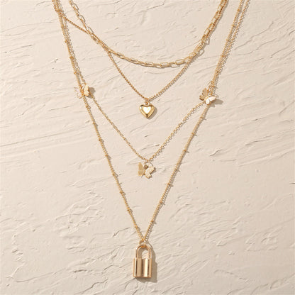 18K Gold-Plated Heart Butterfly Lock Layered Pendant Necklace