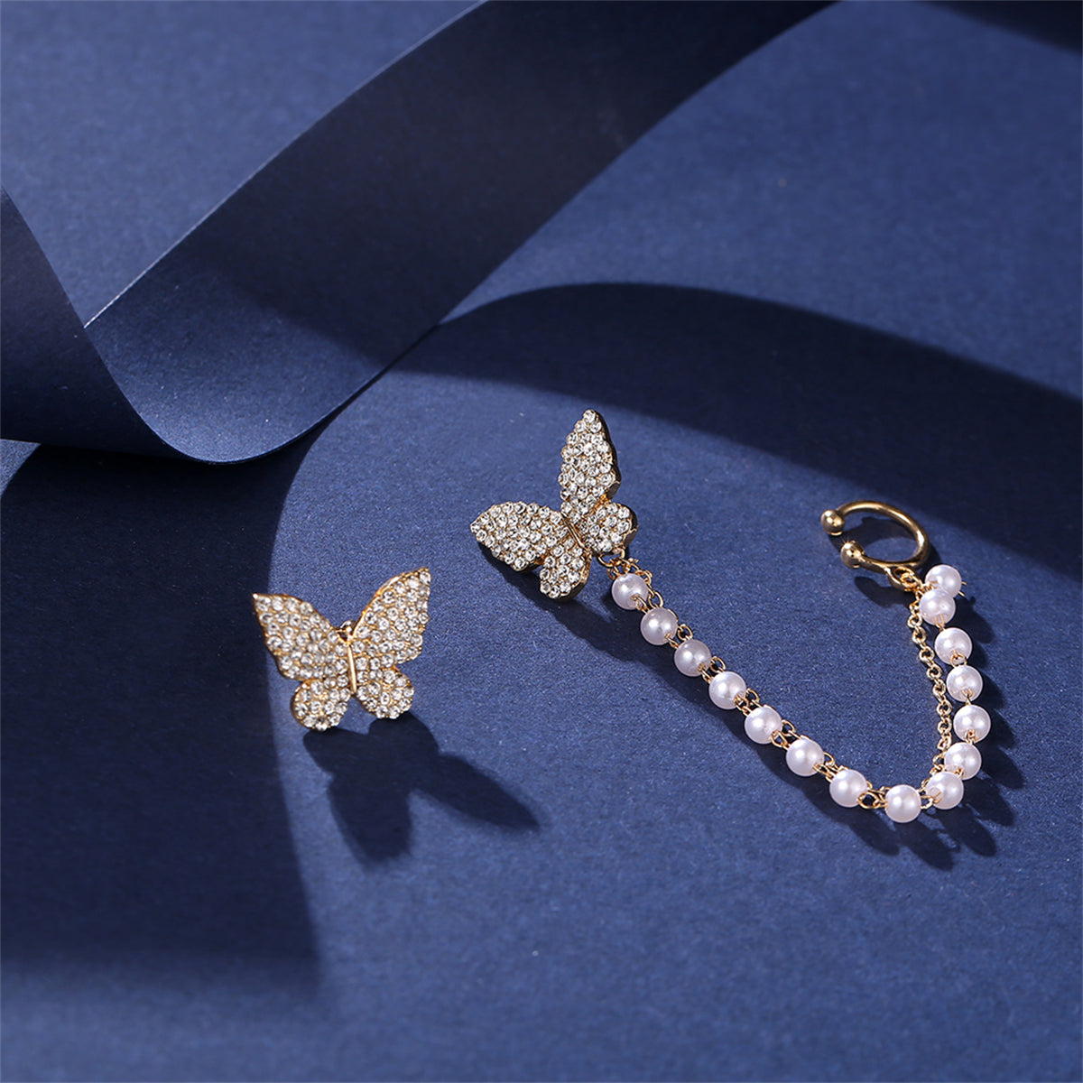 Cubic Zirconia and Pearl 18K Gold-Plated Butterfly Stud Earrings, gold stud earrings for women, detail close-up