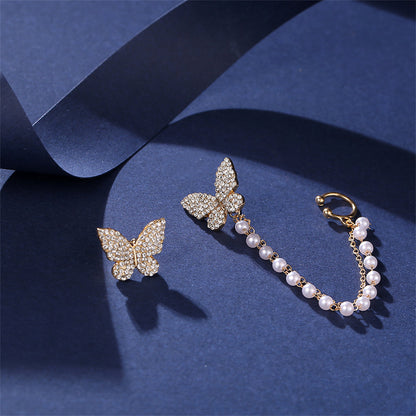 Cubic Zirconia and Pearl 18K Gold-Plated Butterfly Stud Earrings, gold stud earrings for women, detail close-up