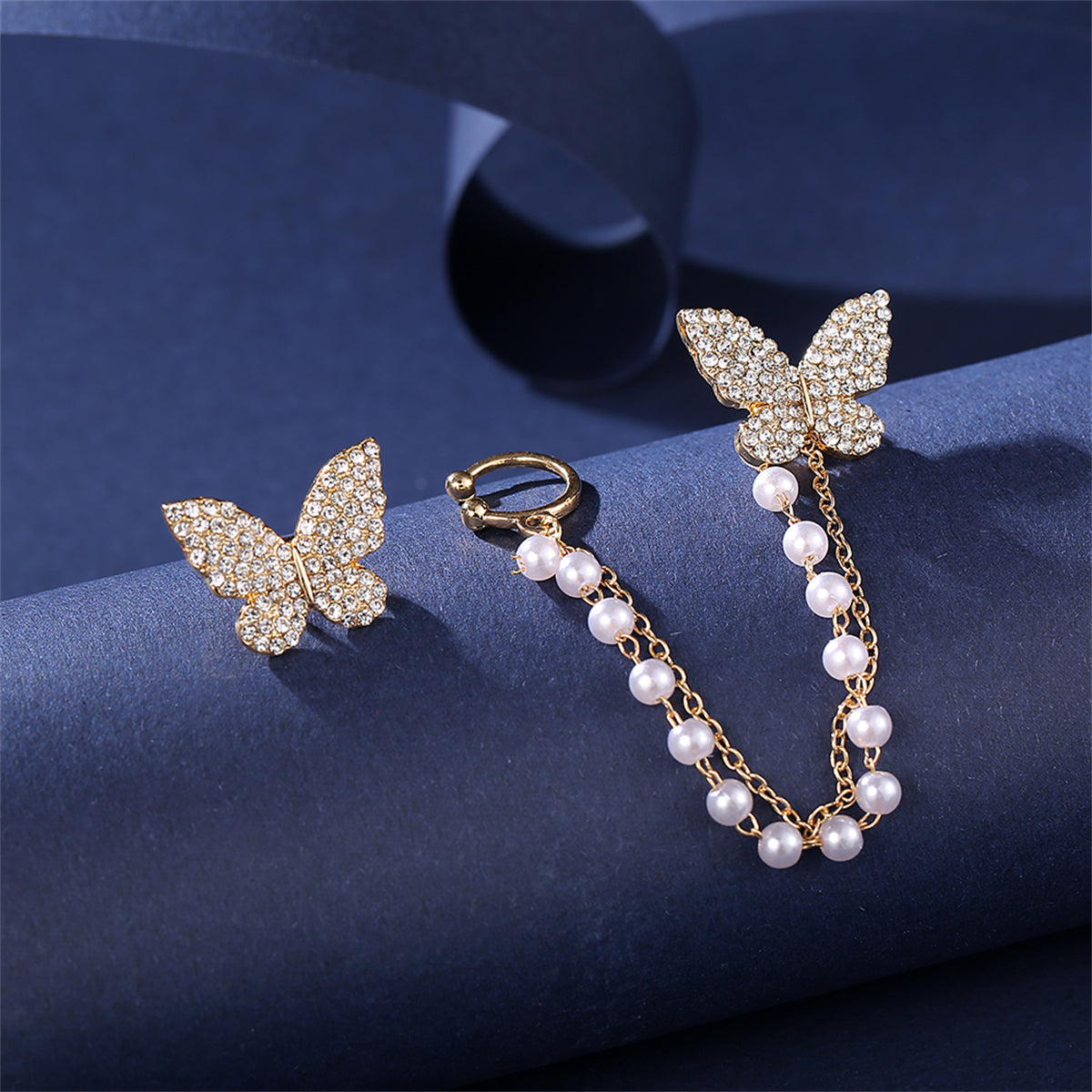 Cubic Zirconia and Pearl 18K Gold-Plated Butterfly Stud Earrings, gold stud earrings for women, lifestyle look