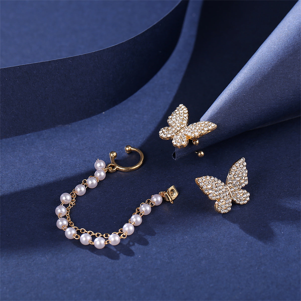 Cubic Zirconia and Pearl 18K Gold-Plated Butterfly Stud Earrings, gold stud earrings for women, styled look