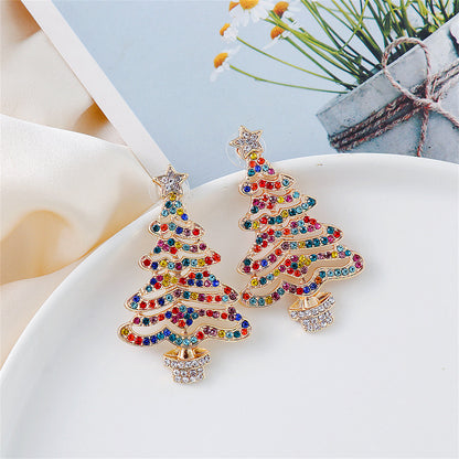 Jewel-Tone Cubic Zirconia and 18K Gold-Plated Christmas Tree Drop Earrings, gold drop earrings for women, detail close-up