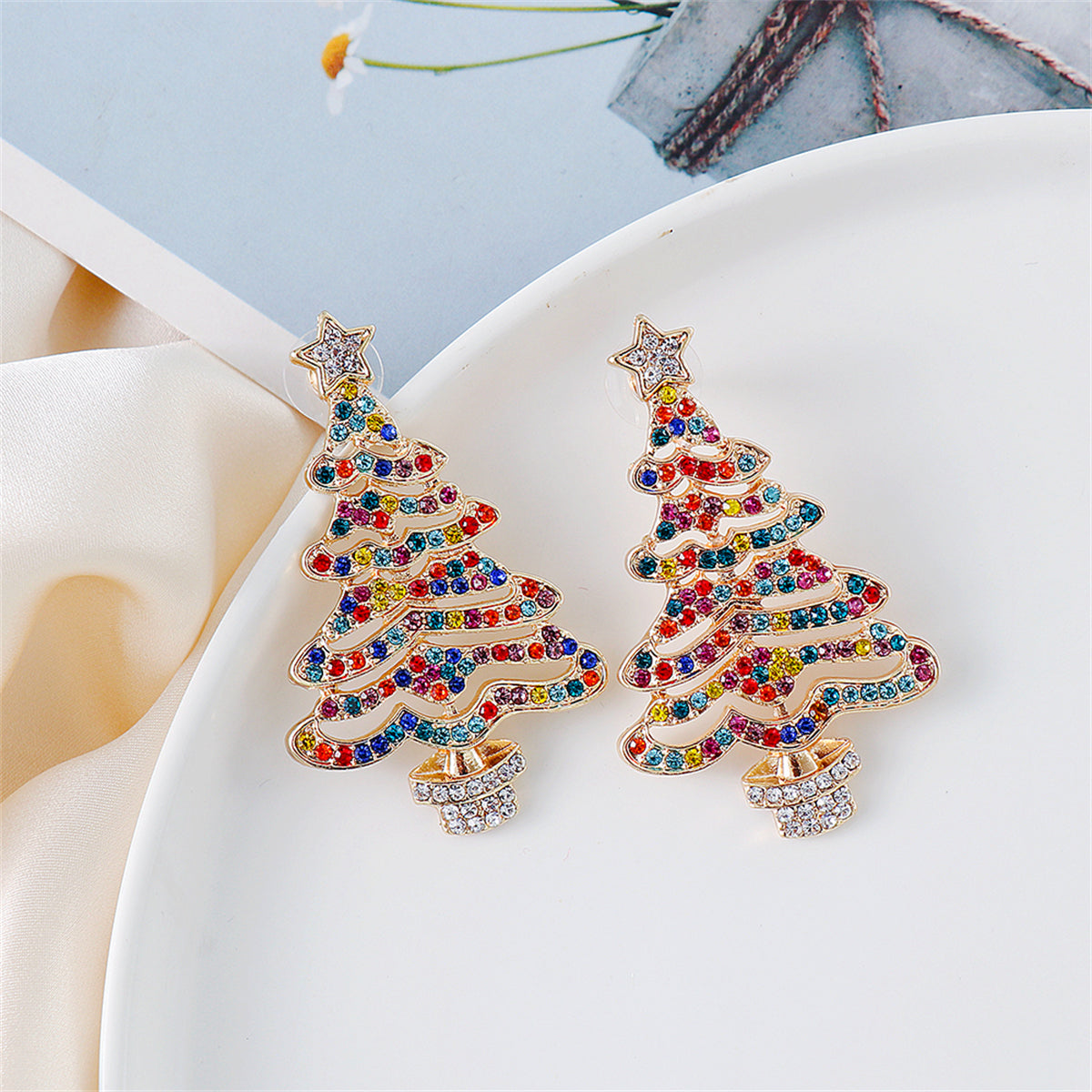 Jewel-Tone Cubic Zirconia and 18K Gold-Plated Christmas Tree Drop Earrings, gold drop earrings for women, lifestyle look