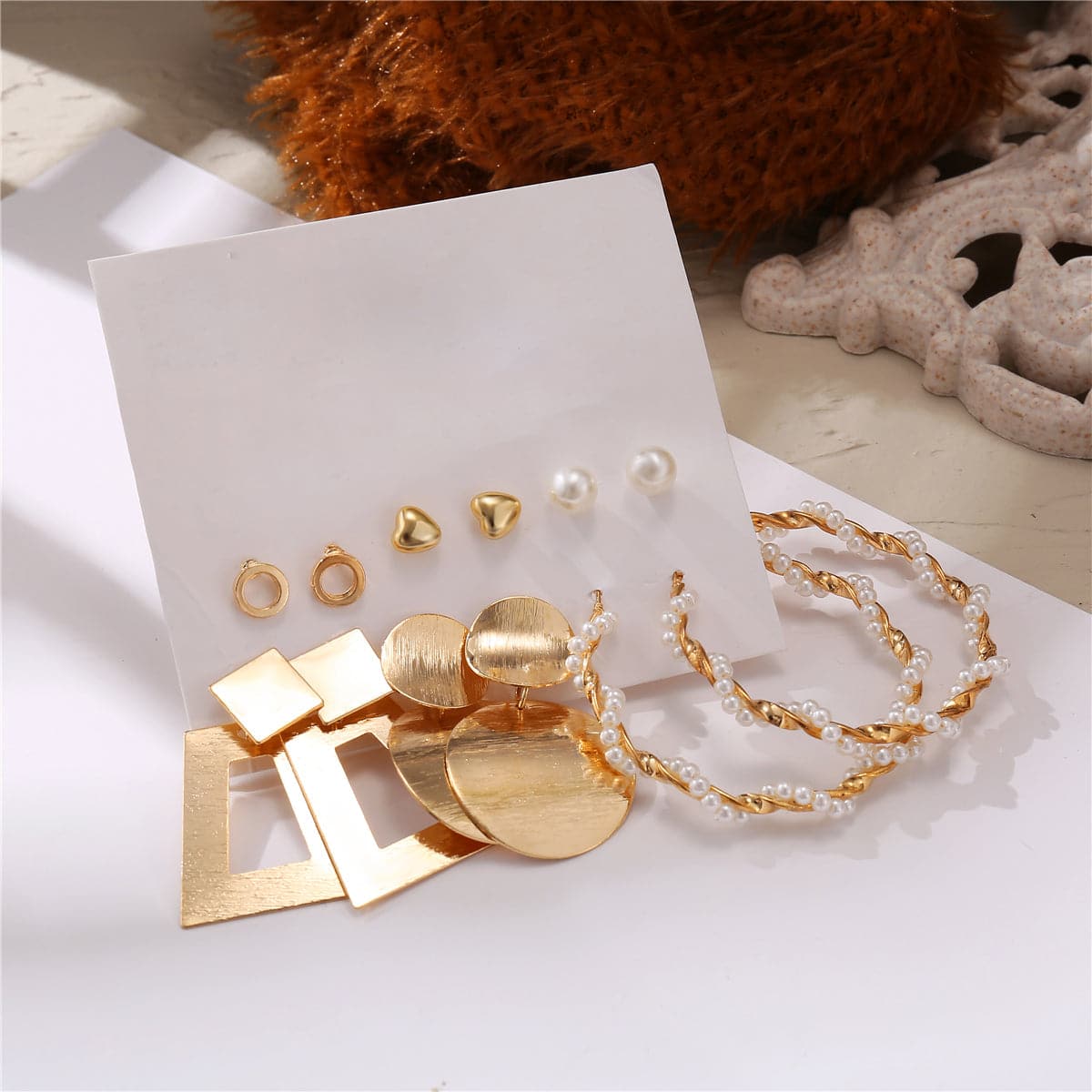 Pearl & 18K Gold-Plated Geometric Stud & Drop Earrings Set