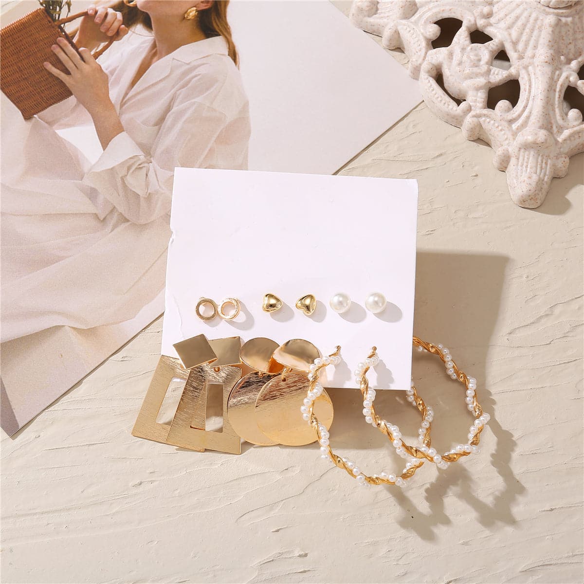 Pearl & 18K Gold-Plated Geometric Stud & Drop Earrings Set