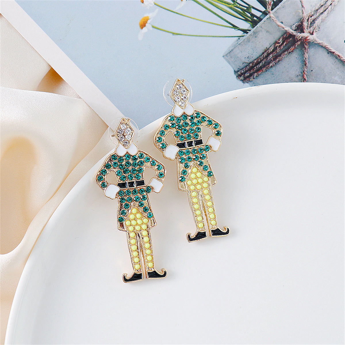Green Cubic Zirconia and 18K Gold-Plated Elf Drop Earrings, gold drop earrings for women, detail close-up