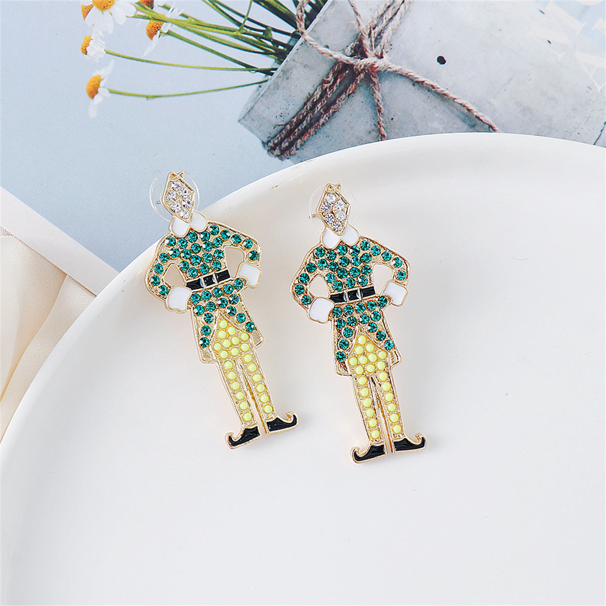 Green Cubic Zirconia and 18K Gold-Plated Elf Drop Earrings, gold drop earrings for women, lifestyle look