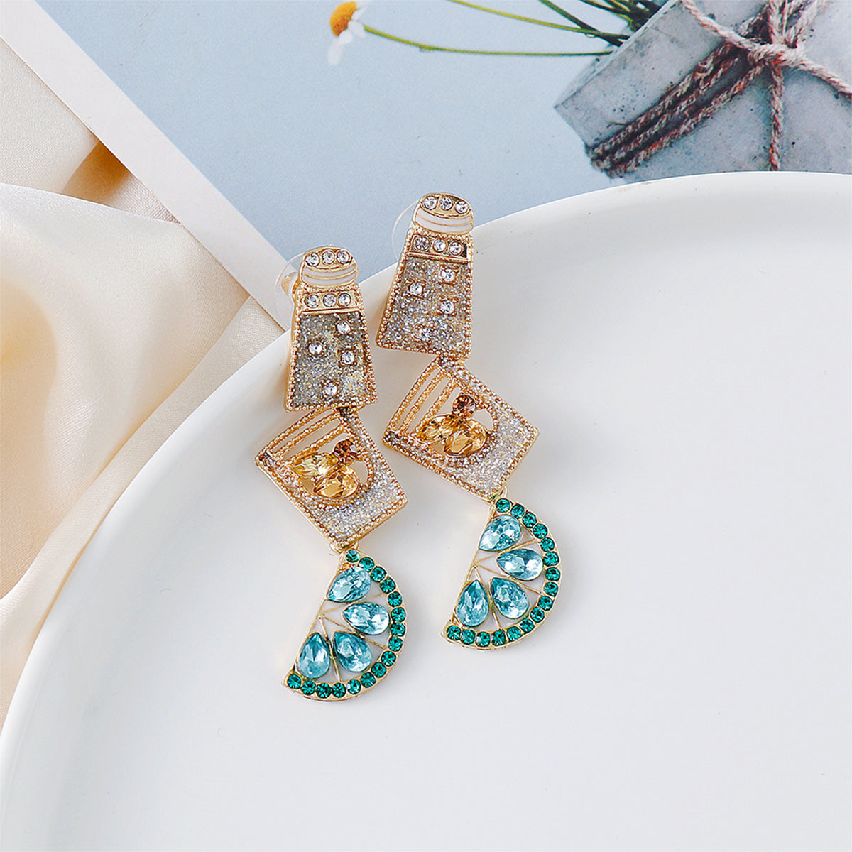Green Crystal and Cubic Zirconia Cup Lemon Drop Earrings, drop earrings for women, botanical inspired, styled look