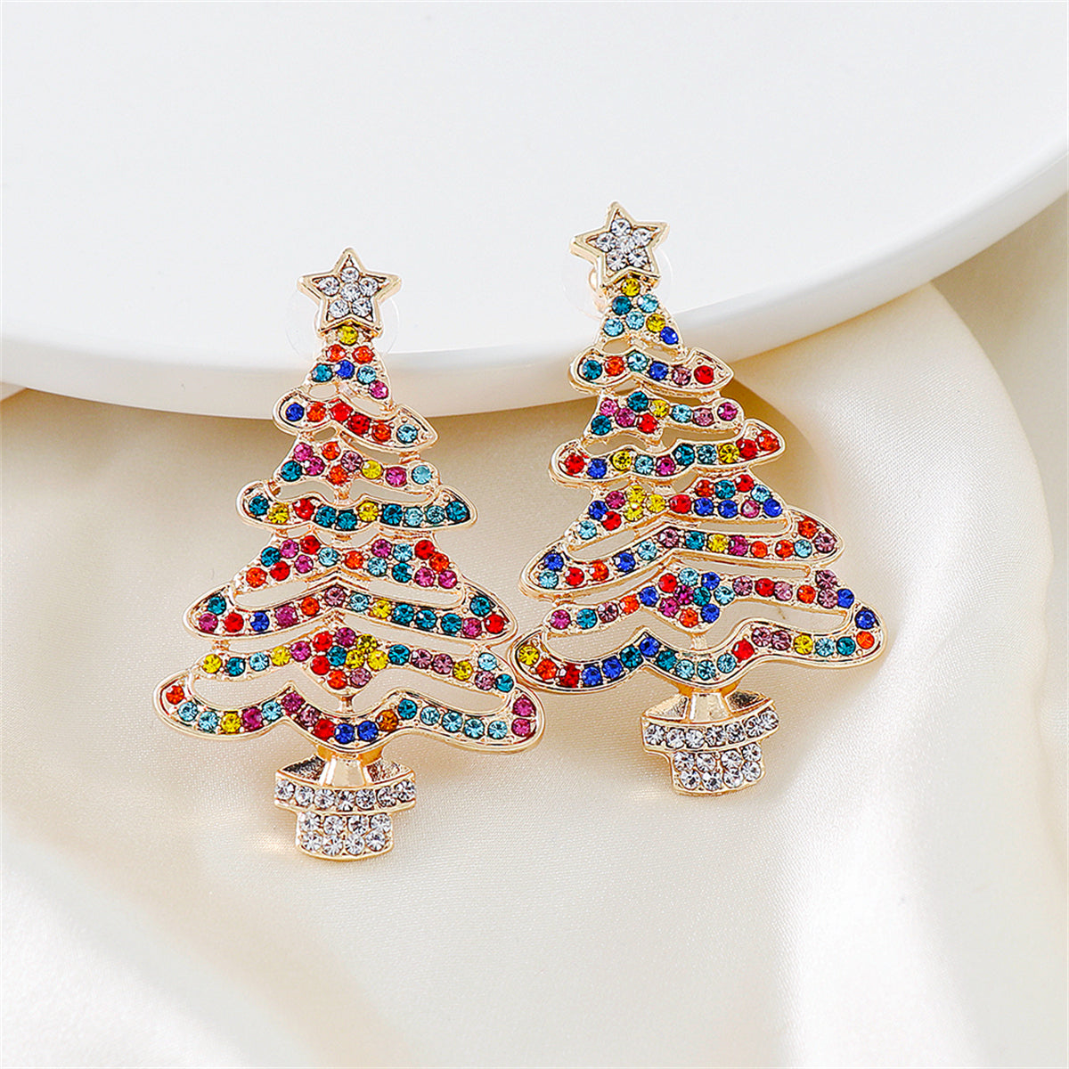 Jewel-Tone Cubic Zirconia and 18K Gold-Plated Christmas Tree Drop Earrings, gold drop earrings for women, styled look