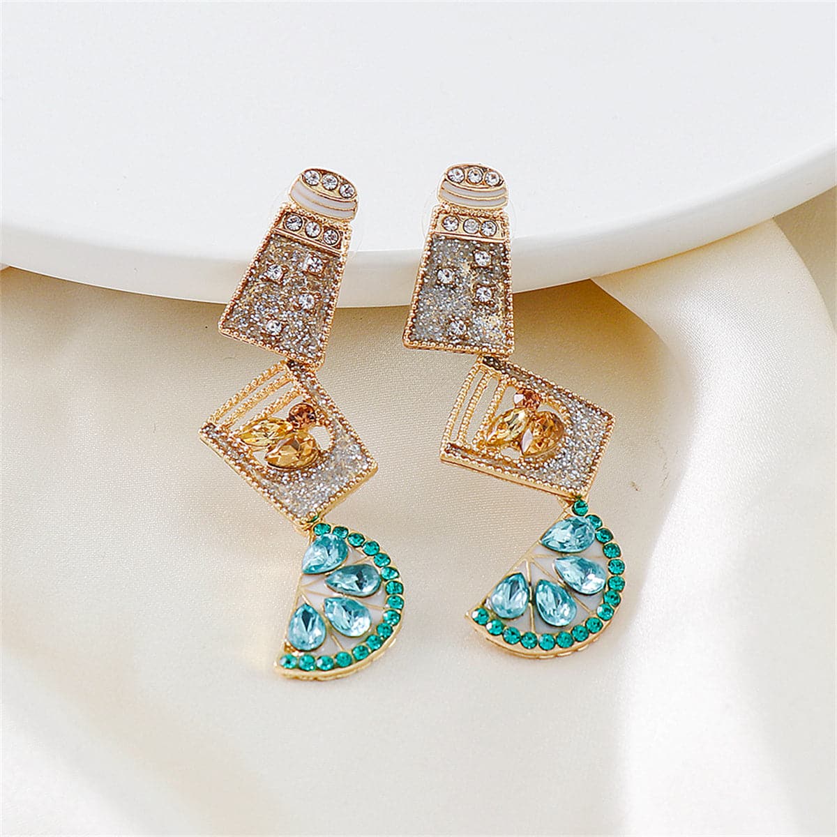 Green Crystal and Cubic Zirconia Cup Lemon Drop Earrings, drop earrings for women, botanical inspired, side view