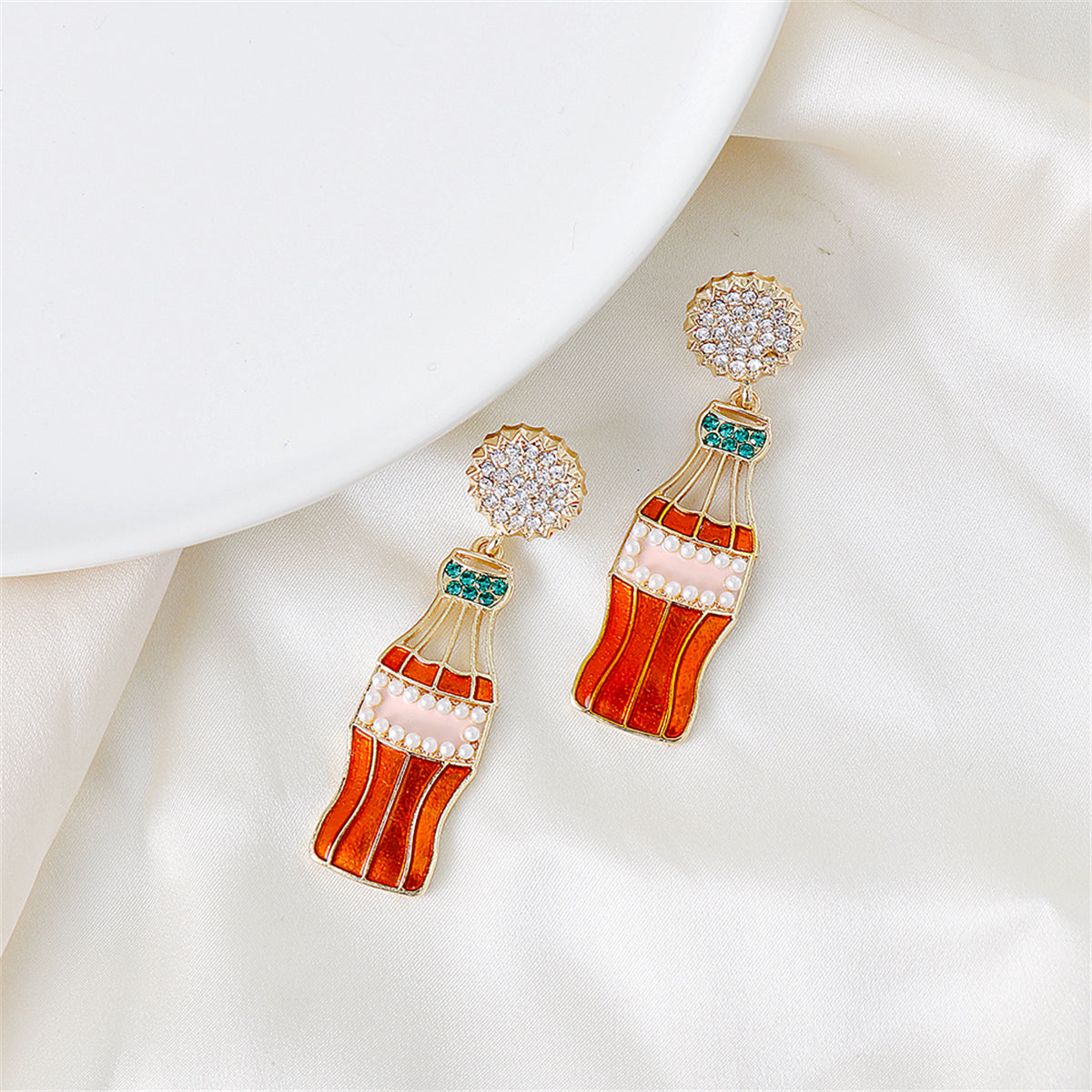 Cubic Zirconia & Pearl Enamel 18K Gold-Plated Soda Bottle Drop Earrings