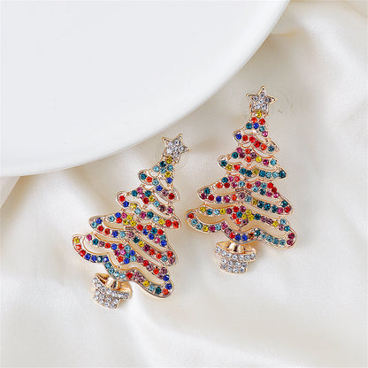 Jewel-Tone Cubic Zirconia and 18K Gold-Plated Christmas Tree Drop Earrings, gold drop earrings for women, front view