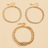 Cubic Zirconia & 18k Gold-Plated Figaro Lock Anklet Set