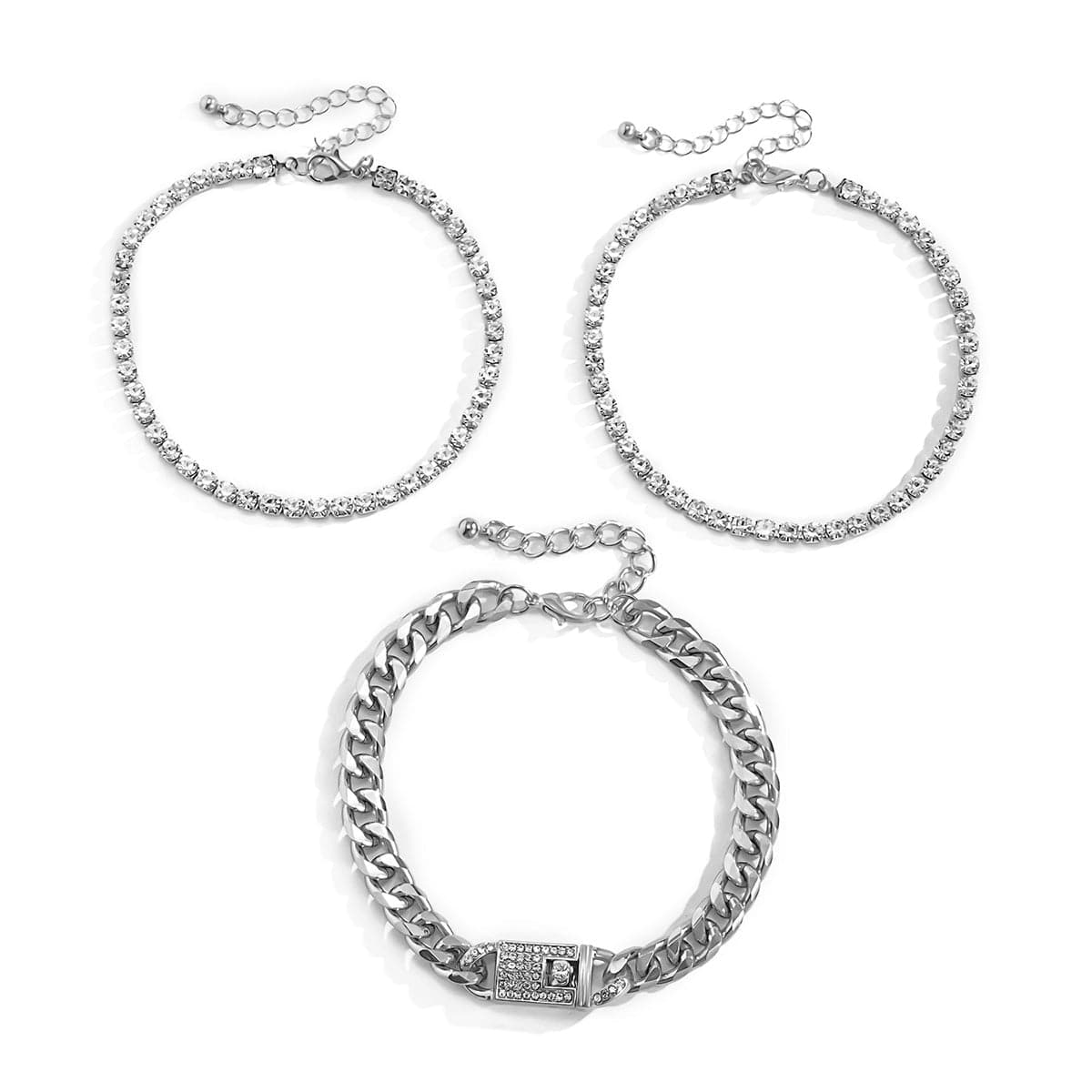 Cubic Zirconia & Silver-Plated Figaro Lock Anklet Set