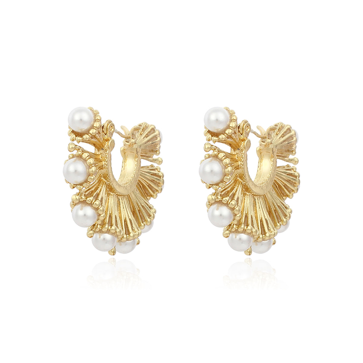 Pearl and 18K Gold-Plated Fan Hoop Earrings, gold stud earrings for women, vintage-inspired design, front view
