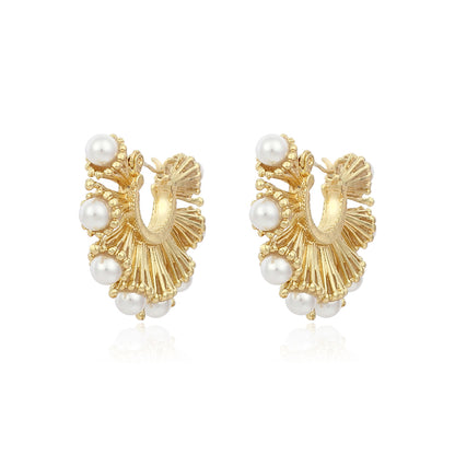 Pearl and 18K Gold-Plated Fan Hoop Earrings, gold stud earrings for women, vintage-inspired design, front view