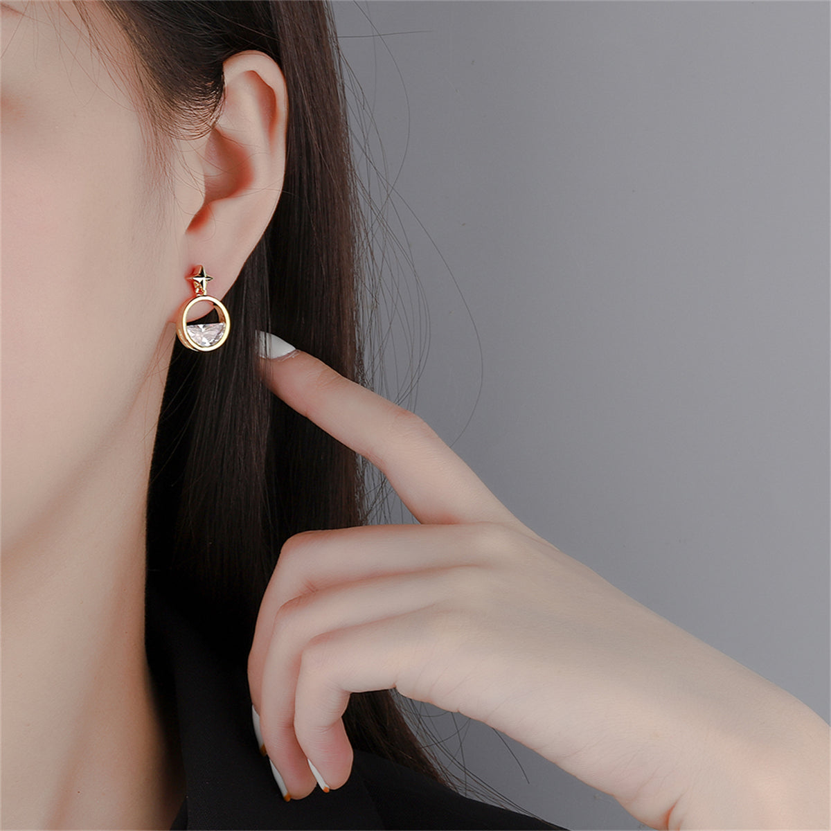 Crystal and 18K Gold-Plated Star Dangle Earring, gold stud earrings for women, everyday style, detail close-up