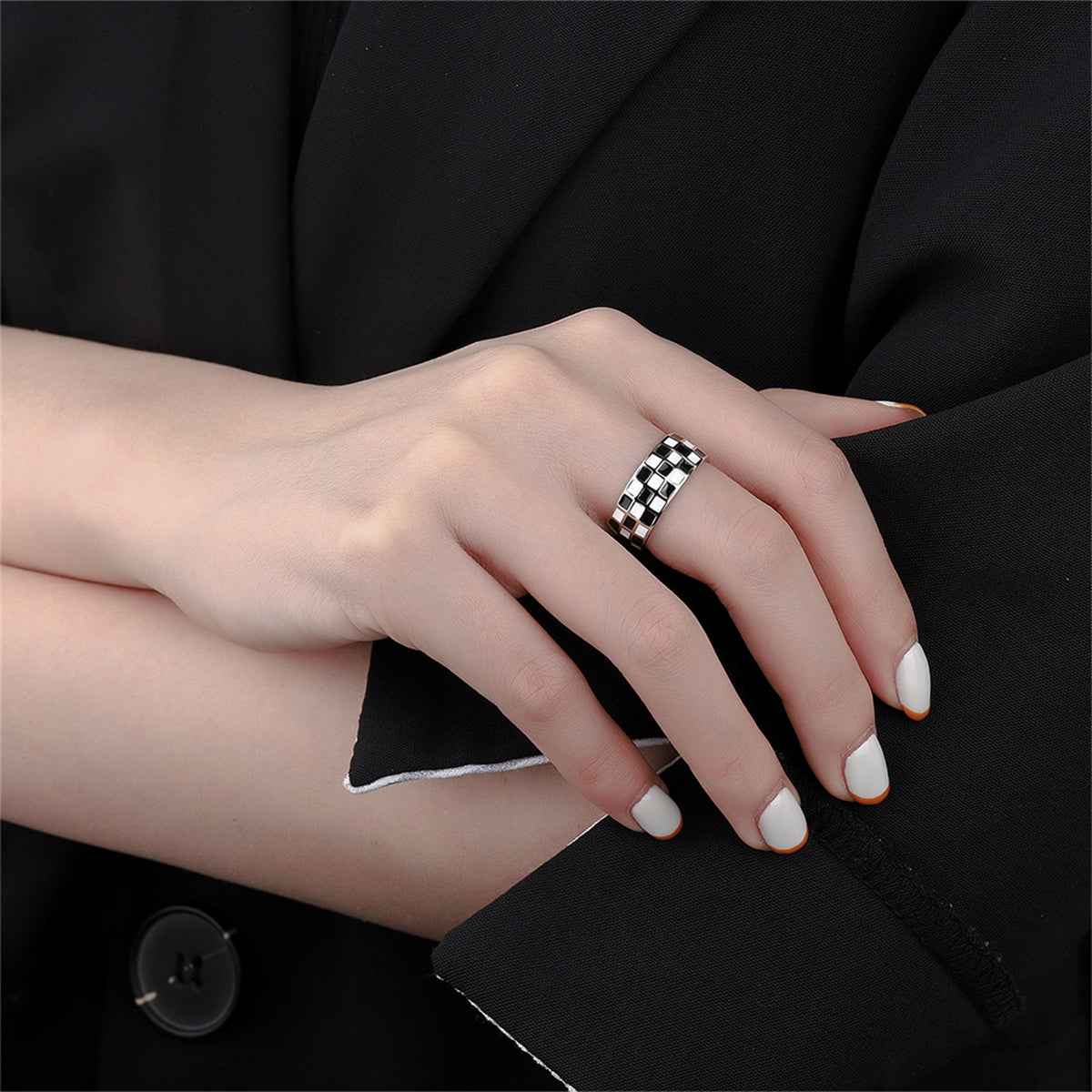 Black Enamel and Silver-Plated Checkerboard Open Band, silver statement rings for women, vintage-inspired design, styled look