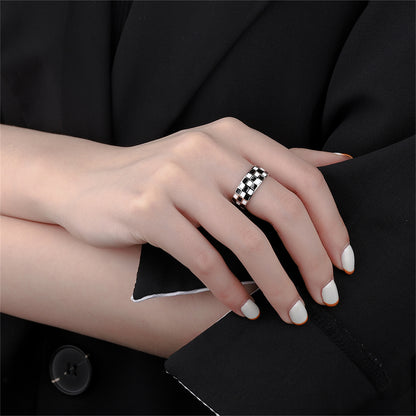 Black Enamel and Silver-Plated Checkerboard Open Band, silver statement rings for women, vintage-inspired design, styled look