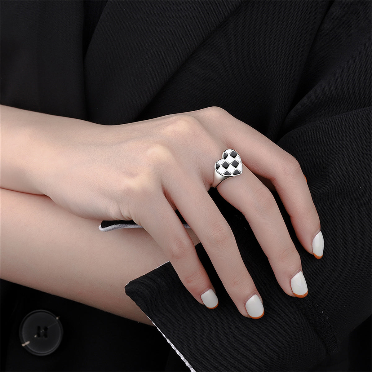 Black Enamel and Silver-Plated Checkerboard Heart Open Ring, silver statement rings for women, styled look