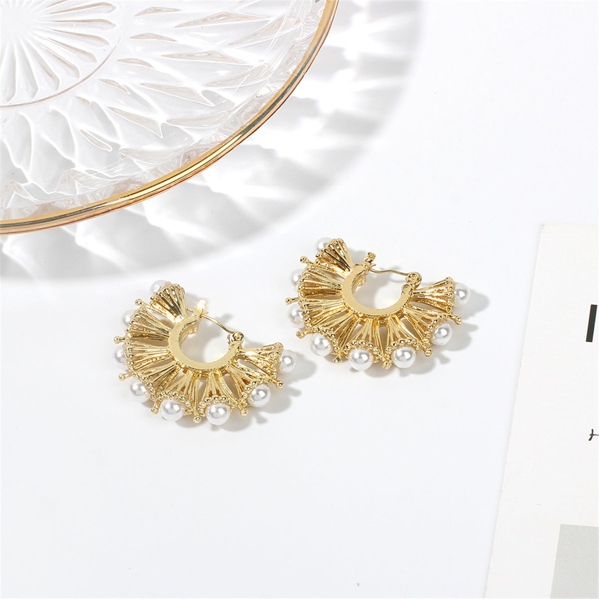 Pearl and 18K Gold-Plated Fan Hoop Earrings, gold stud earrings for women, vintage-inspired design, side view
