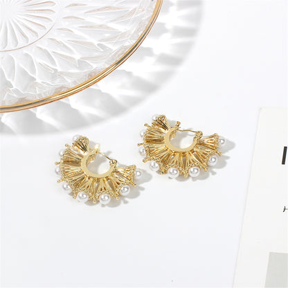 Pearl and 18K Gold-Plated Fan Hoop Earrings, gold stud earrings for women, vintage-inspired design, side view