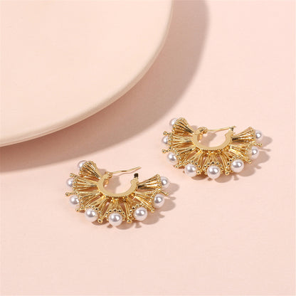 Pearl and 18K Gold-Plated Fan Hoop Earrings, gold stud earrings for women, vintage-inspired design, styled look